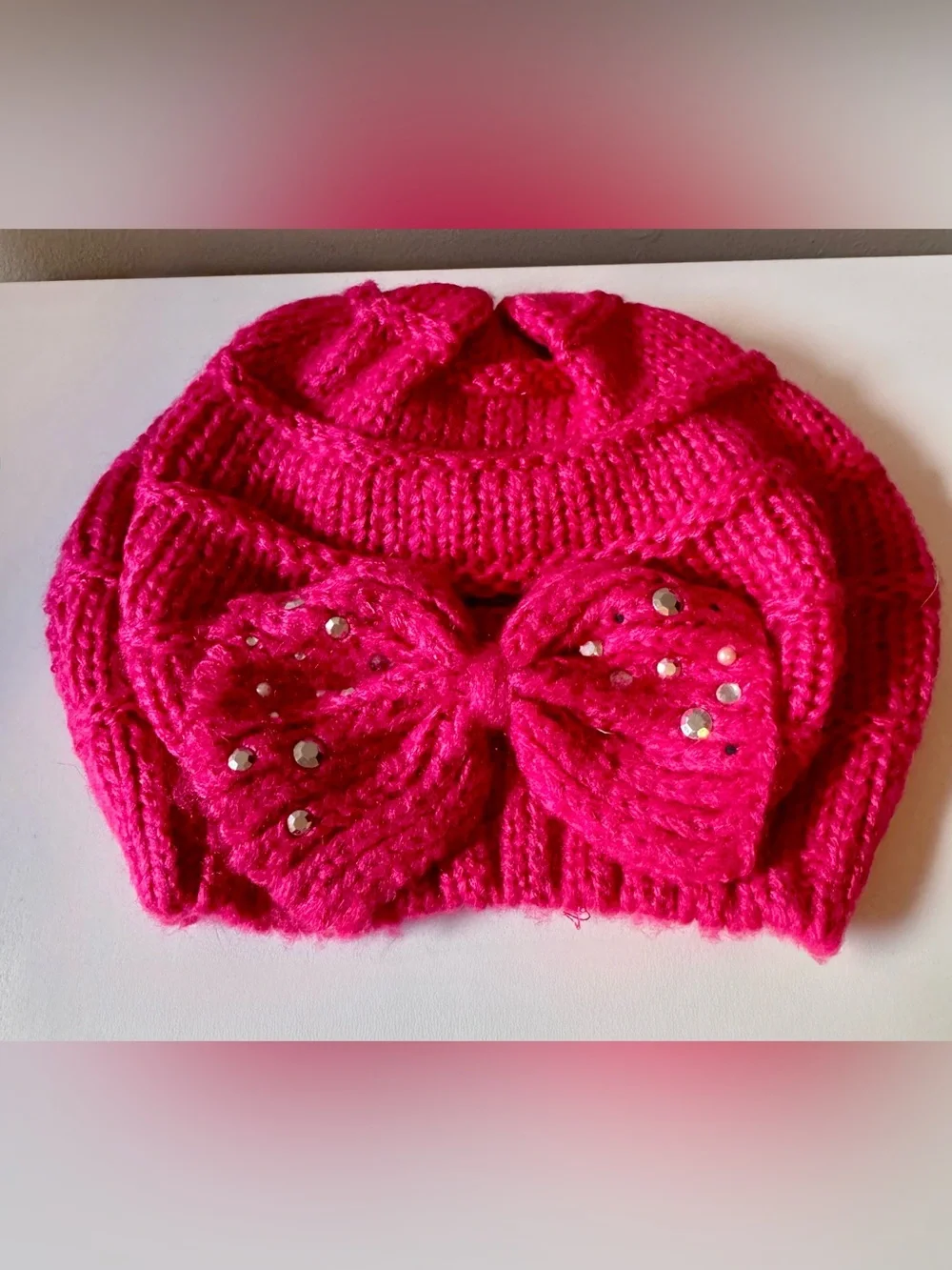 Claire's Hot Pink Knit Bow Beanie with Gem Studs